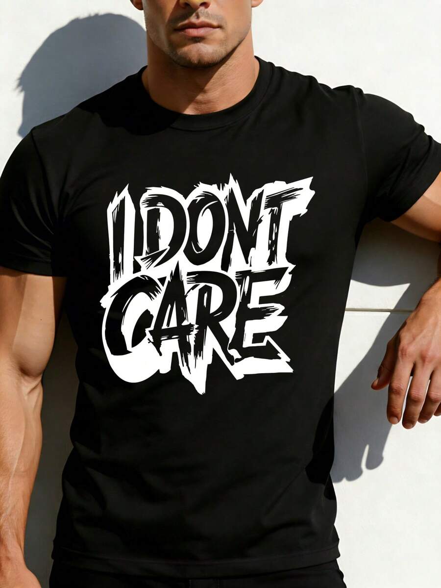 Casual Streetwear T-Shirt With A "I Don't Care" Graphic Print, Summer Wear, A Great Gift . A Short-Sleeved T-Shirt Suitable For Home, Everyday Wear, Parties, And Travel, Perfect As A Gift For Friends Or Family. - 黑色 - 查看 1