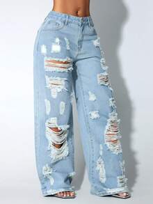 Celana Jeans Wanita Model Low Waist Wide Leg Casual Blue Distressed Slant Pocket Curved - Breezy Blue - View 4