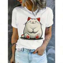 NEW Women's Casual Crew Neck T-Shirt With Cartoon Cat Graphic Print - White And Red Details, Breathable 2D Flat Print, Machine Washable, Casual Outfit For Spring, Summer And Autumn, Women's T-Shirts, Seasonal Essential, Fun Design, Comfortable Fit, Fashionable Unisex Loose Cotton Short Sleeve Crew Neck T-Shirt With Vintage Urban Style 2D - 白色 - 查看 7