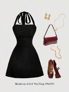 Vestido de línea A sencillo de unicolor para mujer con cintura fruncida y diseño de halter en forma de V - Negro - Ver 1