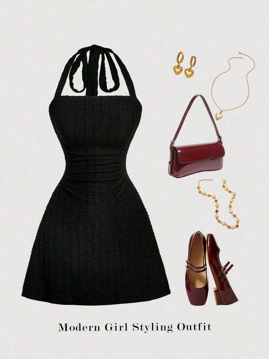Vestido de línea A sencillo de unicolor para mujer con cintura fruncida y diseño de halter en forma de V - Negro - Ver 1