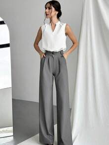 Blusa de cuello en V elegante y chic para oficina con diseño simple y detalles femeninos, blusas sin mangas - Blanco - Ver 7