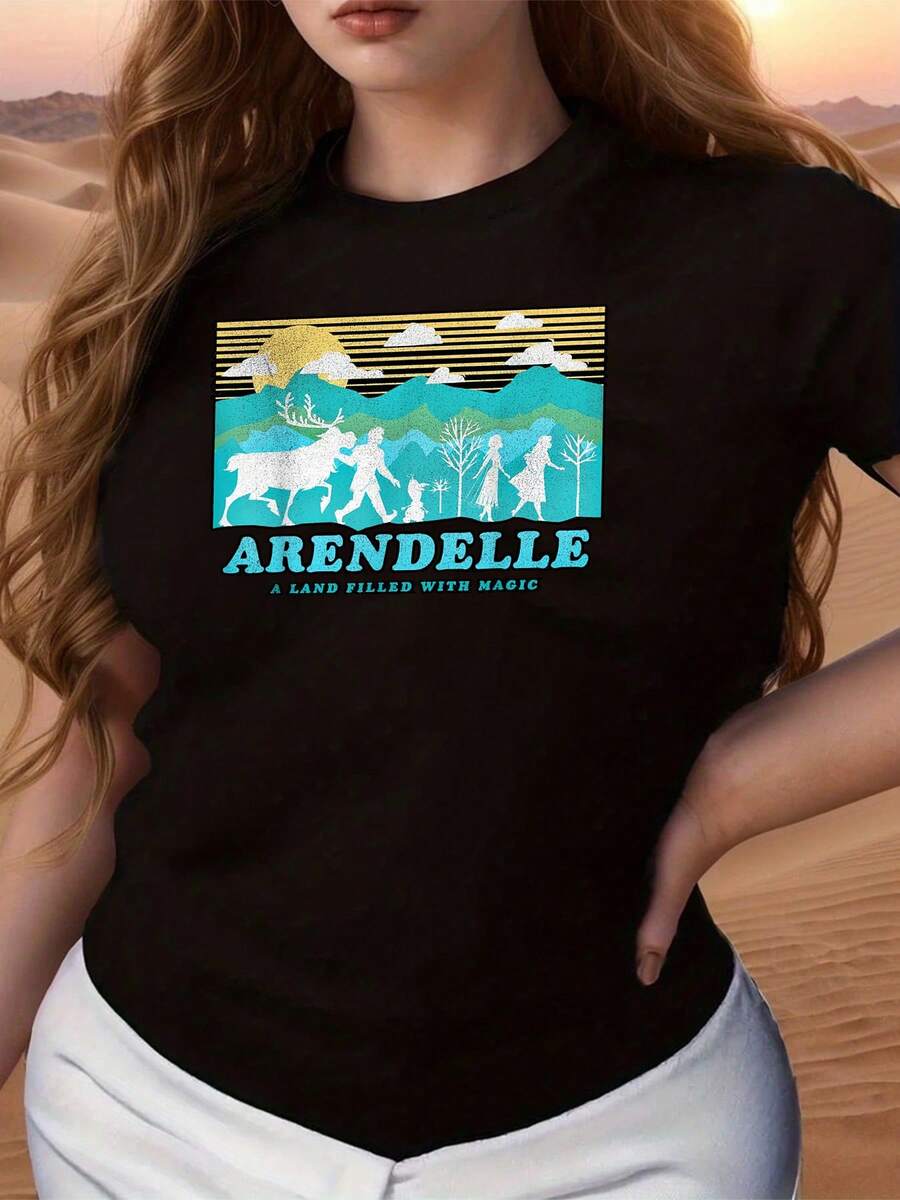 Landscape With Golden Mountains, Figures Walking Alongside A Deer, And A Blue Sky That Conveys Adventure And Fantasy. Comfortable And Soft Women's T-Shirt, Ideal For Everyday Wear And To Combine With Jeans Or Skirts. - 黑色 - 查看 1