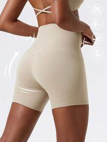 1 pieza Pantalones cortos de yoga elásticos de color nude, adecuados para correr, fitness, ciclismo y otros deportes, pantalones cortos ajustados transpirables y de secado rápido para mujeres en color negro - Caqui - Ver 2
