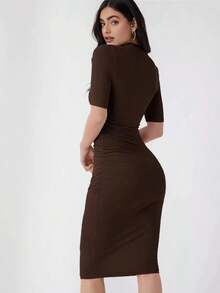 Vestido ajustado unicolor de cuello alto - Marrón Chocolate - Ver 1