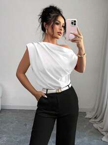 Blusa de unicolor con cuello asimétrico y plisado a la moda para mujeres - Blanco - Ver 5