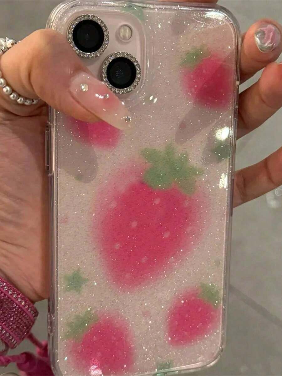 Cute Pink Rhinestone Glitter Shiny Strawberry Transparent Phone Case, Suitable For 17/16/15/14/13/12/11 Pro Max Plus, Adorable Bow Design, Shock-Proof Protective Soft Cover Spring Gift - 1pc - View 1