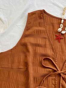 Parte superior de tirantes roja con textura tropical, elegante y bohemia, con lazo adjunto, para invitada a boda en la playa, graduación, día de San Patricio, vacaciones de primavera, festival de música, salida, verano - Café integral - Ver 4