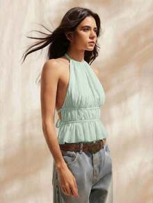 Blusa sin mangas para mujer con cuello halter plisado, ajustada a la cintura con lazo en la espalda y con la espalda descubierta - verde menta - Ver 4