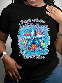 1 Piece Women's Round Neck T-Shirt, Starfish And Flower Design, With The Phrase "Feel The Aroma Of The Sea, Feel The Breeze, Listen To The Ocean, Feel In Harmony", For Summer Beach Holidays, 100% Cotton, 180g. - 黑色 - 查看 1