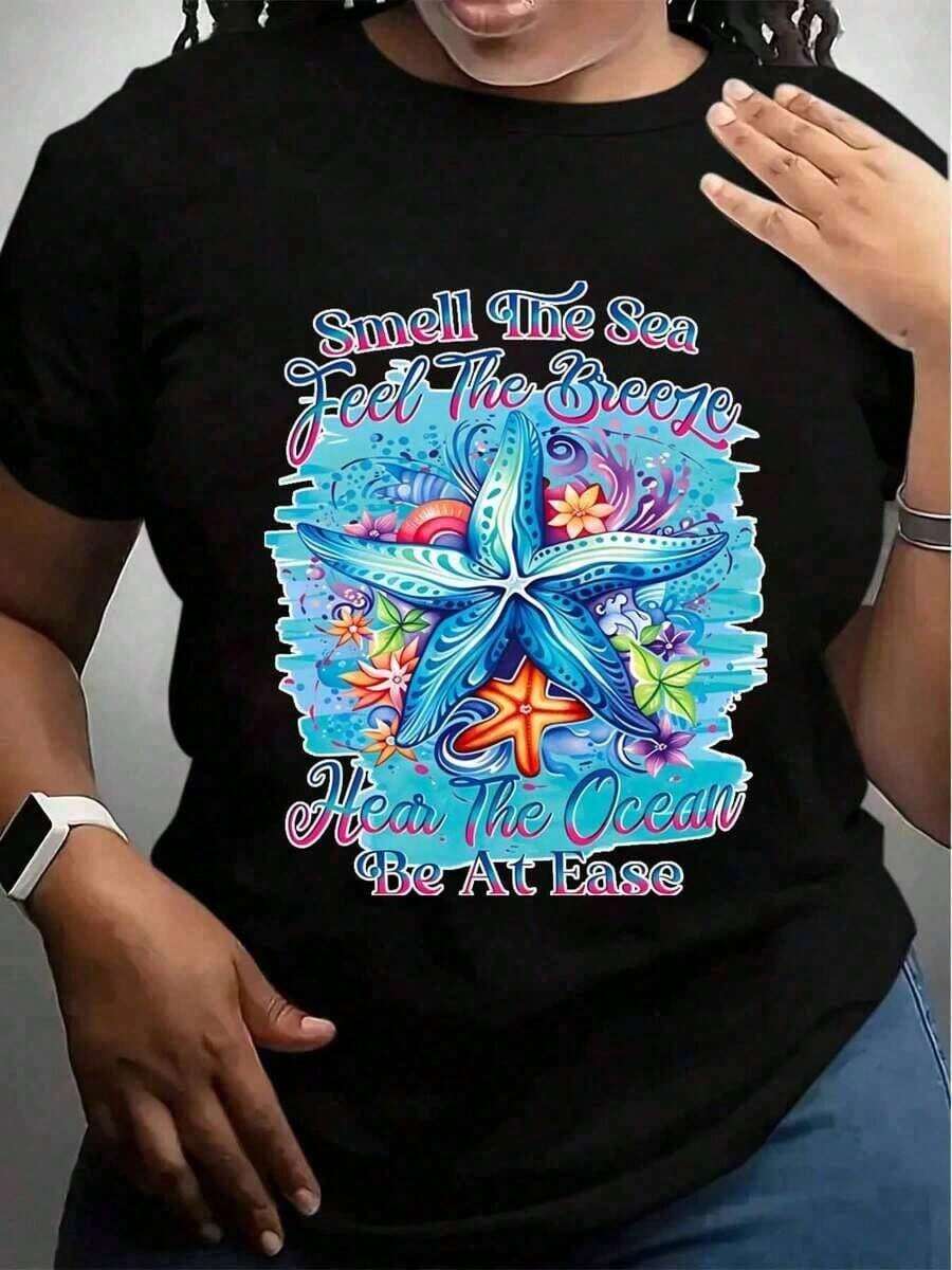 1 Piece Women's Round Neck T-Shirt, Starfish And Flower Design, With The Phrase "Feel The Aroma Of The Sea, Feel The Breeze, Listen To The Ocean, Feel In Harmony", For Summer Beach Holidays, 100% Cotton, 180g. - 黑色 - 查看 1