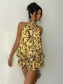 Vestido mini elegante de mujer con estampado de lunares y escote halter sin espalda - Multicolor - Ver 7