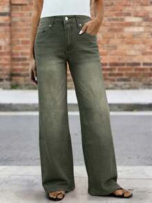 Nuevos jeans de pierna recta de moda para mujer, pantalones vaqueros elásticos y cómodos, ropa casual de alta calidad - Verde militar - Ver 1