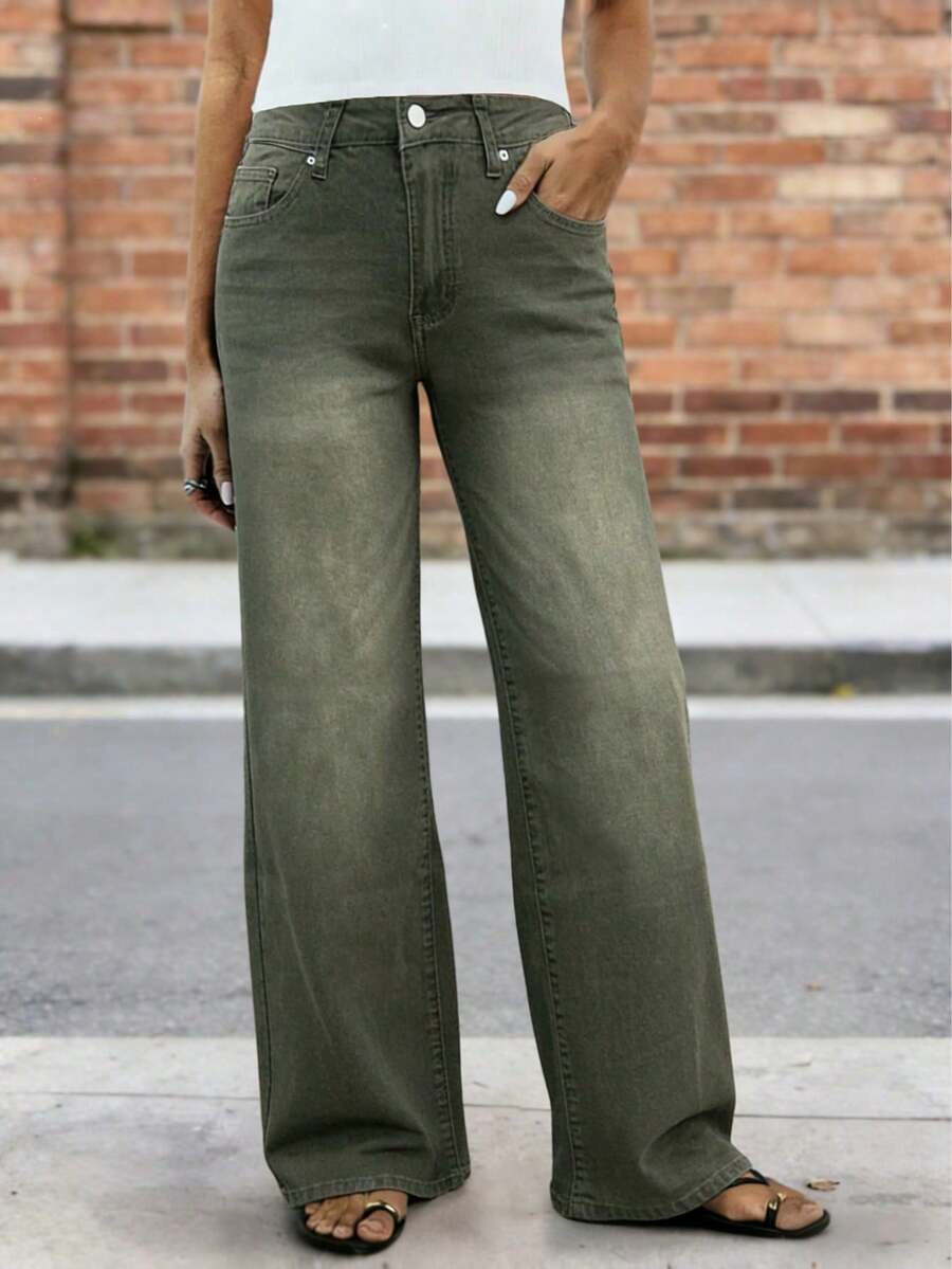 Nuevos jeans de pierna recta de moda para mujer, pantalones vaqueros elásticos y cómodos, ropa casual de alta calidad - Verde militar - Ver 1