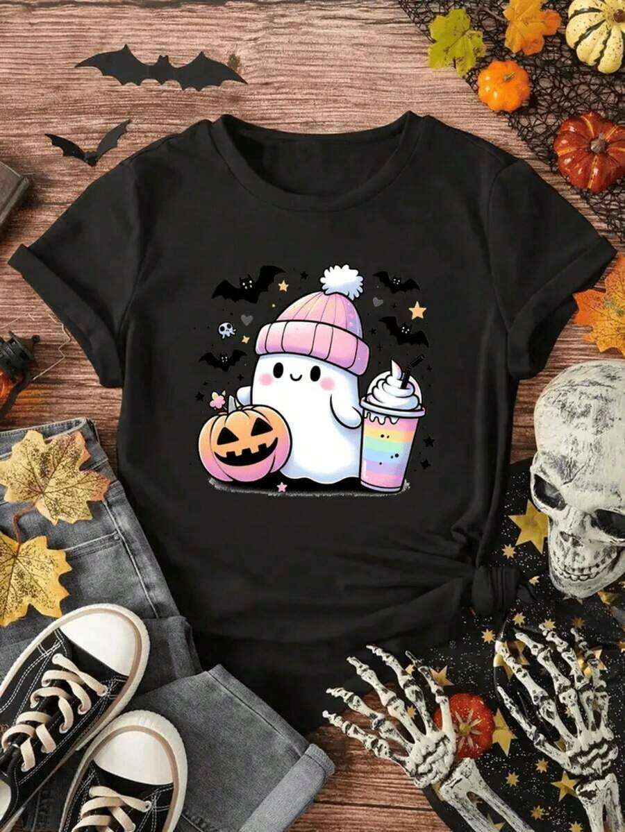 Halloween, Day Of The Dead Women's Plus Size Graphic T-Shirt - Pumpkin And Bat Print, Loose Fit With Short Sleeves And Crew Neck, Breathable Sweat-Wicking Fabric, Unisex Gift For Spring, Summer And Year-Round Wear - 黑色背景上的花朵 - 查看 1