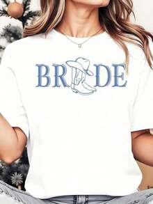 1 Piece Of Women's Graphic T-Shirt "Western Bride" With Cowboy Hat And Boots Design For Country Wedding Outfit, Casual Wear, 180g, 100% Cotton. - 白色 - 查看 1