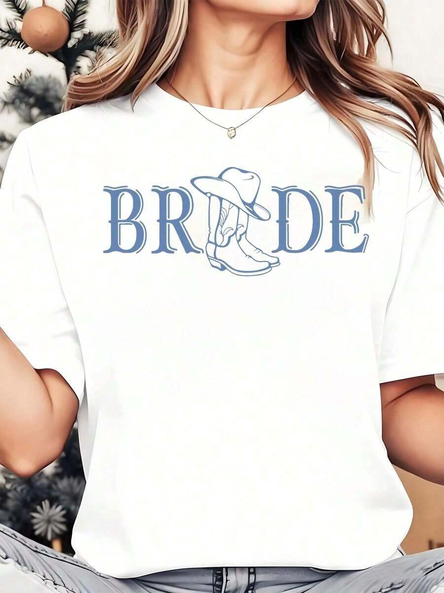 1 Piece Of Women's Graphic T-Shirt "Western Bride" With Cowboy Hat And Boots Design For Country Wedding Outfit, Casual Wear, 180g, 100% Cotton. - 白色 - 查看 1