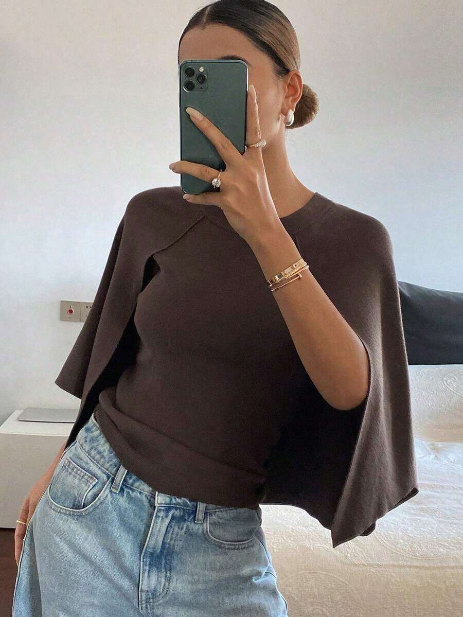 Suéter holgado de punto casual para mujer, elegante jersey para oficina, negocios, trayecto, adecuado para otoño, primavera, verano - Marrón - Ver 1