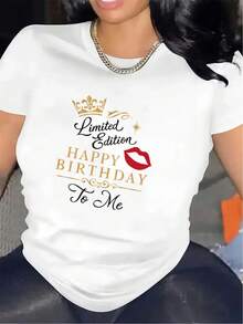 Birthday Celebration T-Shirt | Durable And Lightweight Fabric, Comfortable Fit, Festive Design With Crown And Lips Print, Suitable For Parties And Gatherings, Fashionable Women's Clothing, Round Neck, Slightly Stretchy Women's T-Shirts. - 白色 - 查看 12
