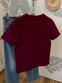 Camiseta de mujer de manga corta y cuello redondo con bordado de lentejuelas en forma de lazo, 56% algodón, estilo minimalista de moda, regalo para amigos - Burdeos 3 - Ver 2