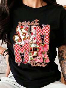 Women's Black T-Shirt With Strawberry And Plaid Design, Casual Summer Style, Fashion Top, Cute Graphic Tee - 黑色 - 查看 1