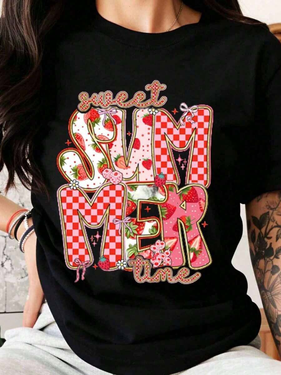 Women's Black T-Shirt With Strawberry And Plaid Design, Casual Summer Style, Fashion Top, Cute Graphic Tee - 黑色 - 查看 1