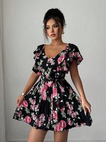 Vestido elegante y romántico para vacaciones con cuello en V con volantes, cintura ceñida y estampado floral en corte evasé para mujeres - Multicolor 5 - Ver 10