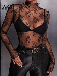 Blusa negra sexy de manga larga con encaje elástico para mujer , con cuello alto, patrón floral transparente, elegante y con capas, ideal para primavera-verano, resort y citas - Negro - Ver 9