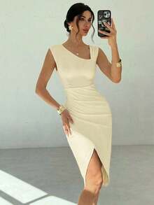 Vestidos midi para mujer, modestos, ropa de mujer para otoño, casual de negocios, estilo de mujer de dinero antiguo, atuendos de campo para mujer, blusas para salir para mujer, atuendo de viaje para el aeropuerto, de vuelta a la escuela, vestidos - Albaricoque - Ver 5
