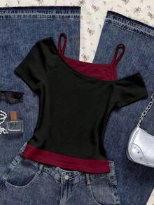 Camiseta de manga corta con estampado de gato negro asomándose en contraste de color, estilo casual y retro, adecuada para el verano - Rojo y negro - Ver 2