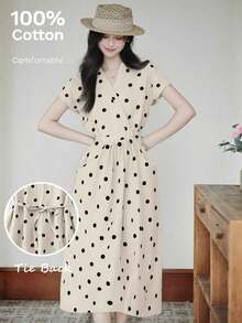 Vestido casual elegante y vintage con estampado de lunares, con bolsillos y lazo en la espalda, silueta minimalista pero refinada de corte evasé con cintura anudada, vestido versátil para oficina/ocasión, conjunto bohemio de lunares para vacaciones, primavera/verano rojo - Albaricoque - Ver 4