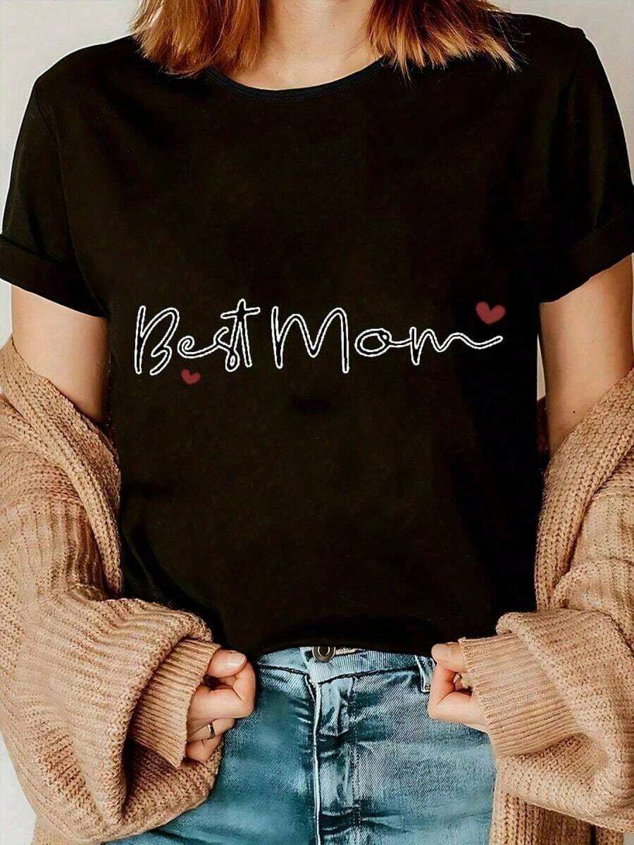 1 "World's Best Mom" Graphic T-Shirt | Casual Short Sleeve Crew Neck Heart Design T-Shirt, Beige Cardigan, Blue Jeans, Perfect For Gifting, Daily Wear, Fun Design, Stretch Fabric, Easter Outfits, Streetwear, Y2k Clothing, Holiday Outfits, St. Patrick's Day T-Shirt, Dominican Republic, Mother's Day. - 風格 - 查看 1