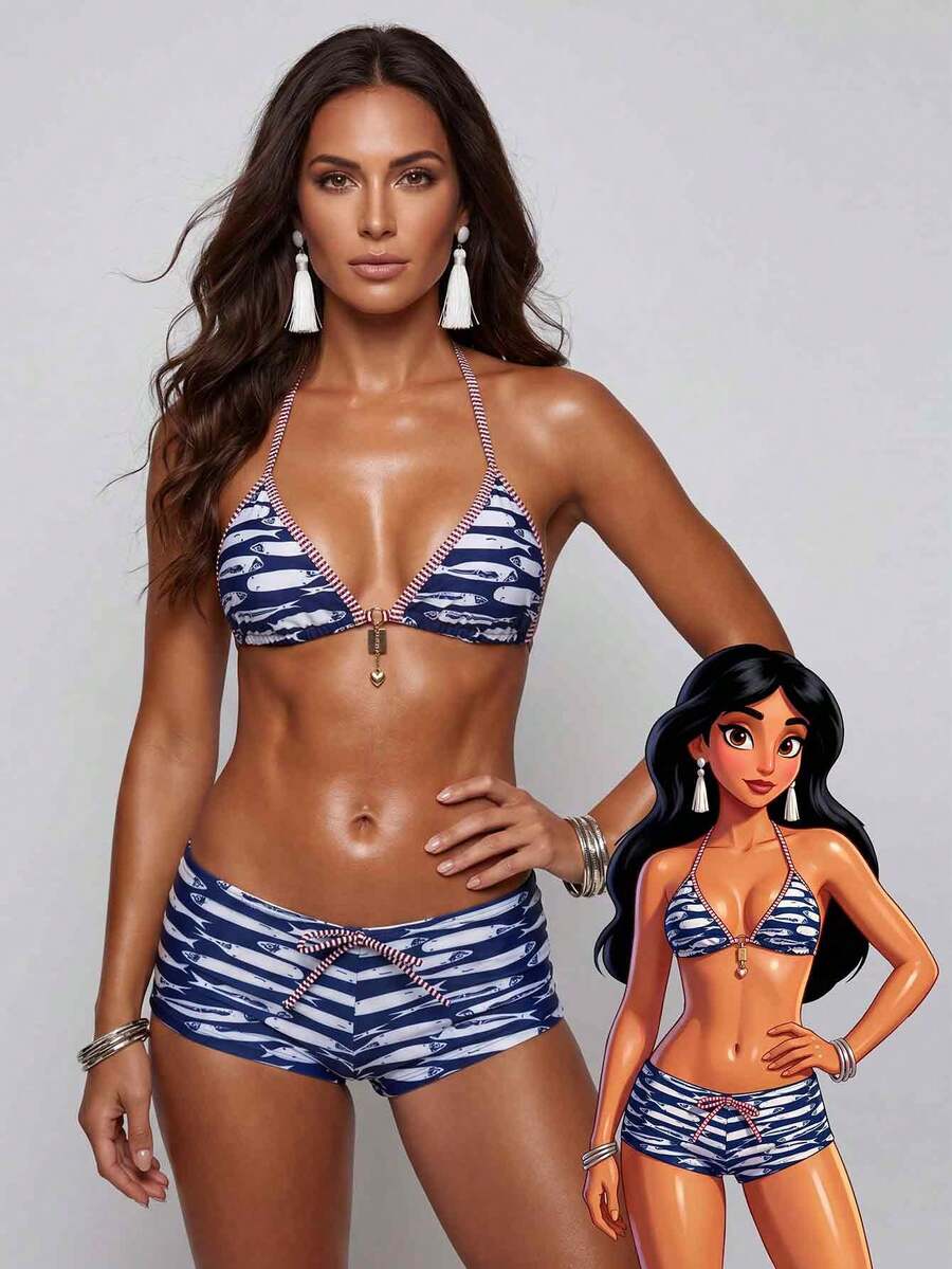 jeederkim Nuevas llegadas Pantalones cortos de bikini con estampado de tirantes finos y sexy para mujeres, adecuados para vacaciones en la playa y atuendos de playa de arena - Azul - Ver 1