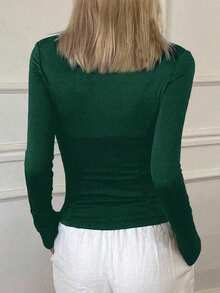 Chaqueta delgada casual de manga larga y ajuste ceñido para mujer, ropa casual de calle para otoño - Verde Oscuro - Ver 4