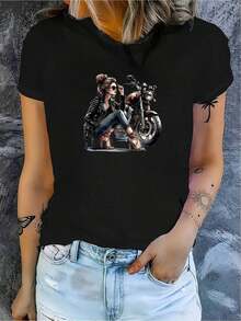 Camiseta con gráfico de motocicleta para mujer: camiseta informal negra de manga corta con estampado rojo y blanco, cuello redondo cómodo, perfecta para Halloween, Acción de Gracias, Navidad y regalos navideños, regalo navideño - Negro - Ver 2
