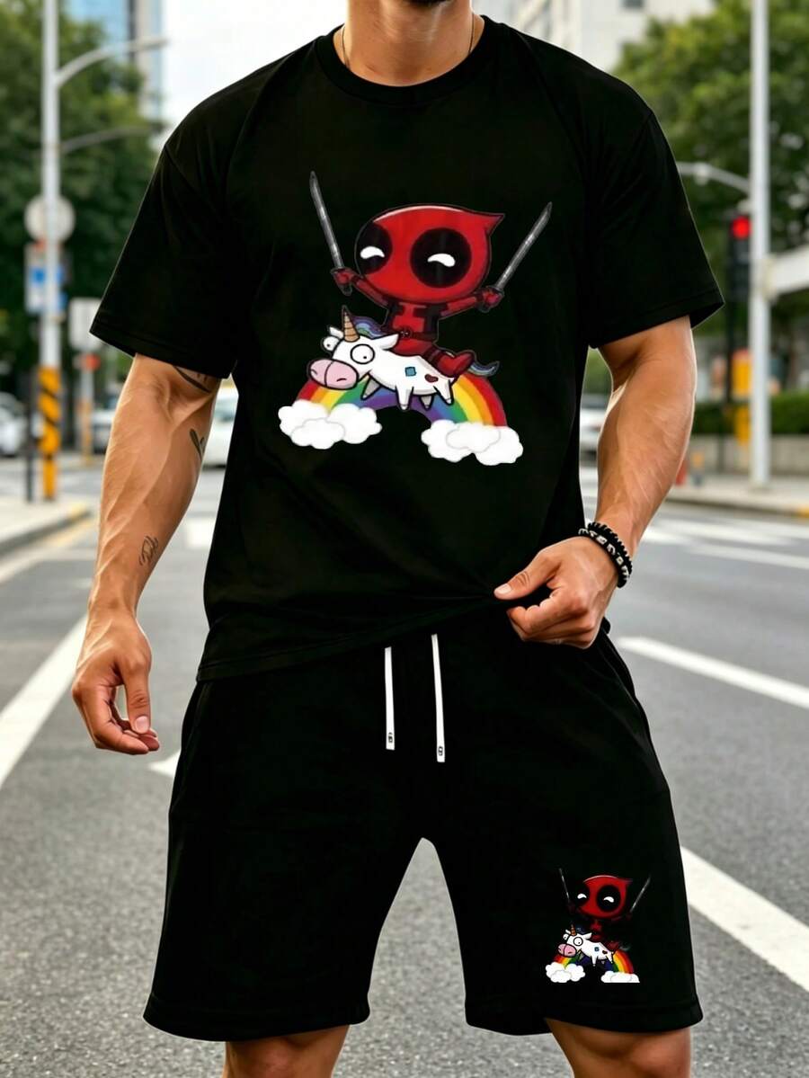 Mens 2 Piece Outfits  Graphic Tees Men Shirts  DisneySs Marvels Deadpools Graphic Printed T Shirt Fashion Wowowomen Casual Short Sleeve O-Neck T-Shirt Streetwear Harajuku Cartoon Tees Workout Sets Women - màu đen - Xem 1