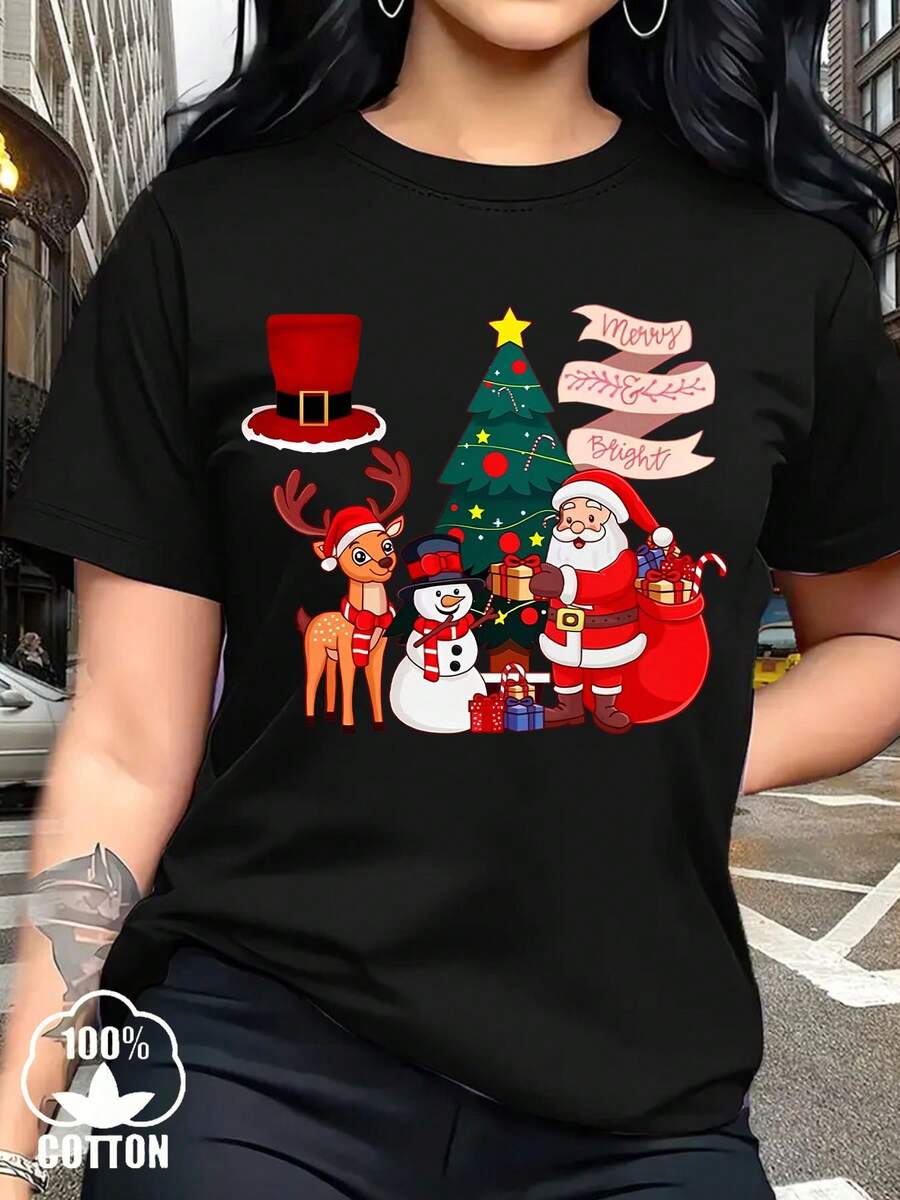 Camiseta Navideña de Manga Corta para Mujer con Estampado de Santa, Rudolph y Muñeco de Nieve - Cuello Redondo Casual, Regalo Festivo para Fiestas de Navidad, Reuniones Familiares y Outfits de Invierno (Renos, Bastones de Caramelo, Campanas), Tops para Mujer, Camisetas para Mujer, Camisetas Navideñas para Mujer, Tops Lindos - Negro - Ver 1