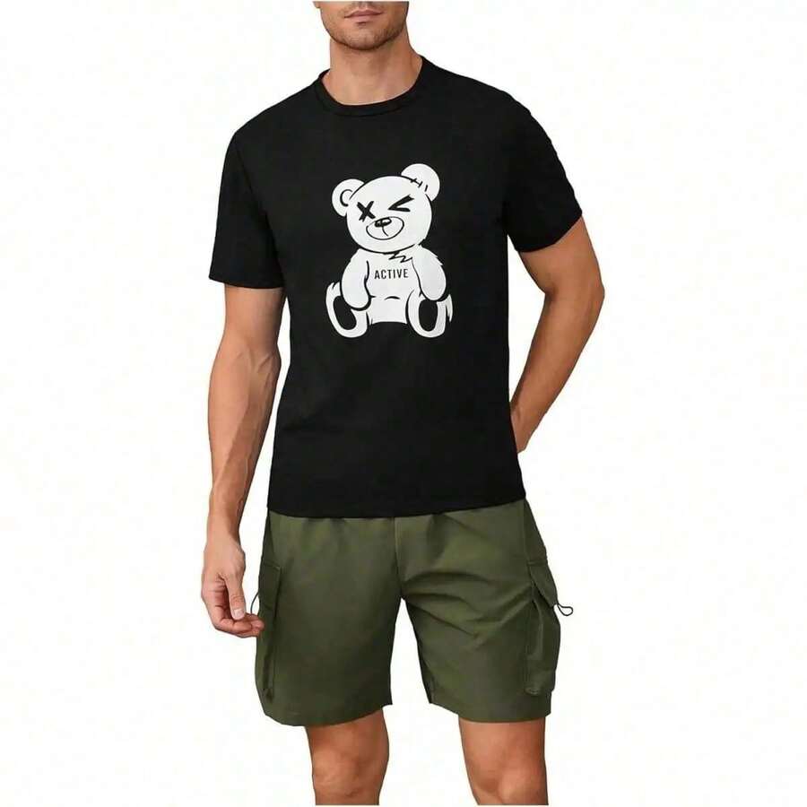 Short Sleeve T-Shirt With Round Neck And Summer Print 2FAH - Hitam - View 1