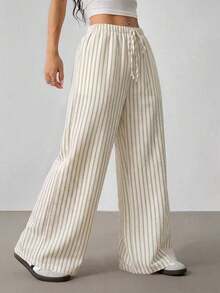 Pantalones casuales anchos de pierna ancha con cintura de corbata y rayas para mujer - Beis 2 - Ver 6