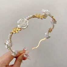 1件花朵與仿珍珠水晶合金玫瑰復古優雅髮箍，復古乾燥玫瑰髮飾，女性髮帶髮箍禮物 - 金色 - 查看 7