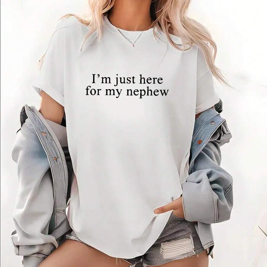 I'm Only Here For My Nephew, Auntie-To-Be T-Shirt, Cute Aunt Graphic Tee, Funny Aunt Clothes,  T-Shirts, Tops, T-Shirts, Fashion T-Shirts - 白色 - 查看 1