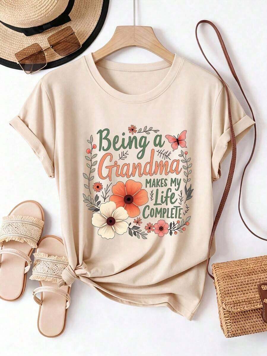 Camiseta de verano de manga corta estampada para mujer, tela de poliéster, estilo multifuncional, corte regular, peso 180 gramos, 1 unidad. - Albaricoque - Ver 1