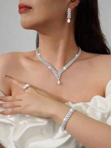 5 piezas/Set Collar, Aretes, Pulsera, Anillo Decorados con Cristales de Circonita Brillante en Forma de Gota de Agua y Rombo de Lujo Ligero para Mujer, Adecuado para Novia, Boda, Festival, Vacaciones, Uso Diario, Fiesta, Regalo, Elegante, Lujoso, Joyería de Alta Gama - Plateado - Ver 4