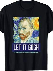1 camiseta inspirada en la Noche Estrellada de Van Gogh - Camiseta con diseño artístico "Let It Go" - Top unisex de algodón suave y transpirable - Ropa réplica de calidad de museo - Tallas S-XXXL - Regalo perfecto para artistas y amantes del arte - 180g 100% algodón - Negro - Ver 1
