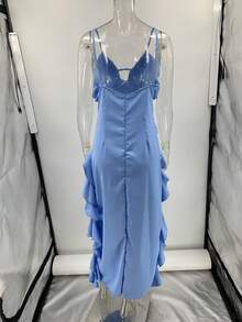 Elegant Plain Dress With Straps, Irregular Design, European Style, Ideal For Parties And Events - 藍色 - 查看 7