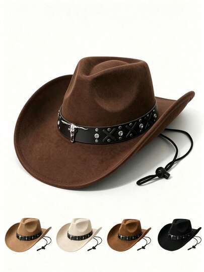 Unisex Faux Suede Western Cowboy Hat Retro Bull Skull Rivet Wide Brim Hat Adjustable Wind Lanyard Vintage Cowgirl Sun Hat For Men Women Casual Festival Travel Outdoor