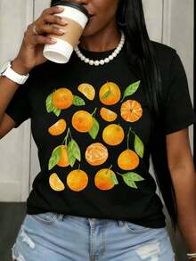 Camiseta de Verano Fresca, Camiseta Blanca Casual con Estampado de Frutas Naranjas para Mujer, Top Casual de Verano, Camiseta Gráfica para Uso Diario, Diseño Cítrico Fresco, Opción de Ropa a la Moda. - Negro - Ver 7