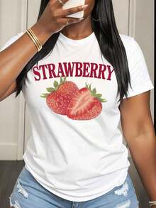 Camiseta de Verano Fresca con Estampado de Fresas, Camiseta Casual para Mujer, Top con Gráficos de Frutas, Ropa de Verano para Mujer, Camiseta Blanca a la Moda. - Blanco - Ver 7