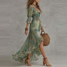 New Summer Women's Floral V Neck Long Dress European American Style Elegant Printed Holiday Dress - 綠色 - 查看 2