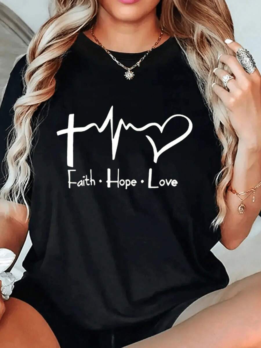 Women's T-Shirt, Casual Short Sleeve Round Neck Top, Faith.Hope. Heart Print Design, Breathable And Comfortable Fabric For Summer, Fashionable And Creative Clothing. - 黑色 - 查看 1